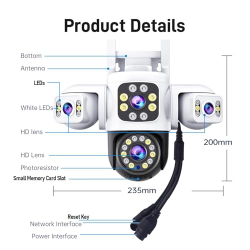 VBESTLIFE Triple Obiektyw Wi -Fi PTZ Security Camera, Trzy Soczewki Bezpieczeństwa na Zewnątrz, 1080p 360 ° Widok Bez Martwego Pola, Automatyczne śledzenie, 2 -Way (wtyczka UE)