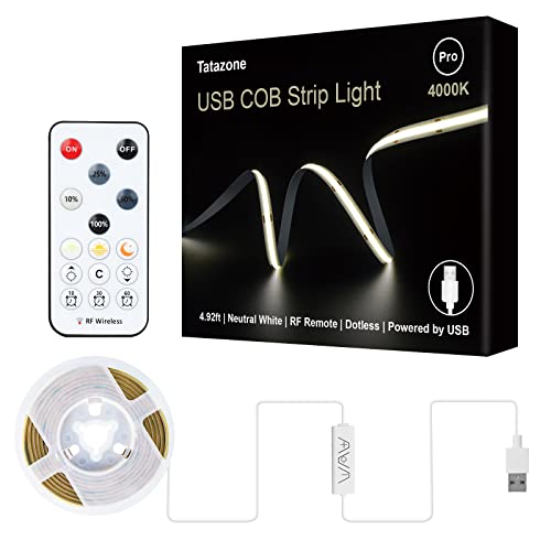 Tatazone 5V USB COB Led Strip Light with RF Remote, 4.92ft Dimmable 4000K USB Powered COB Led Light Strip, Indoor COB Led Light for Cabinet, TV Backlight, Camping Tent, Monitor, Motorhome Tatazone 5V USB COB Led Strip Light with RF Remote, 4.92ft Dimmable 4000K USB Powered COB Led Light Strip, Indoor COB Led Light for Cabinet, TV Backlight, Camping Tent, Monitor, Motorhome