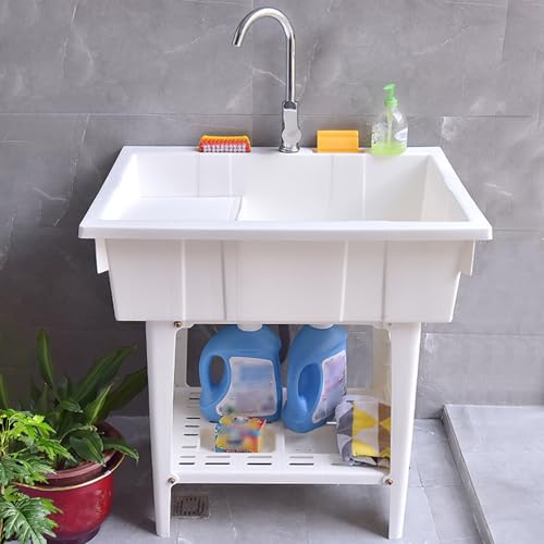 Fregadero Exterior Jardin,Pila de Lavar de Plástico,Fregadero Portatil Camping,Lavabo con Grifo,kit de desagüe,Pica Baño,Lavadero Ropa a Mano,para Interior,Lavandería,Garaje,Restaurante(Wit)