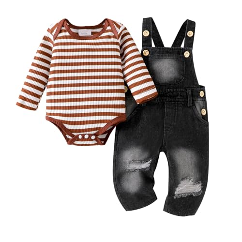 Image of Baby Boy Clothes Newborn Suspender Overalls Ripped Jeans Long Sleeve Striped Romper Fall Winter Outfits 0-18 Months