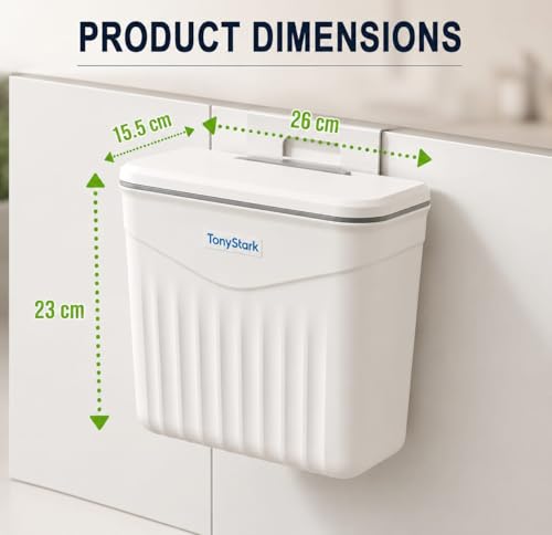 Image of TONY STARK Plastic Hanging Kitchen Trash Can With Lid, Double-Sided Open Lid Design, Kitchen Trash Can, Kitchen Cabinet Door Hanging Wall Storage Bucket (7 Litre, White)