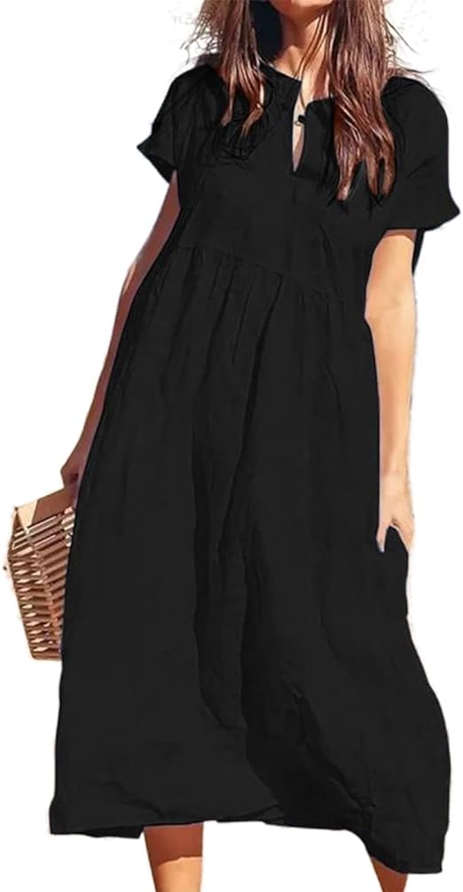 Cotton Linen Dress for Women Casual Summer Short Sleeve Flowy Long Dresses Loose Beach Vacation