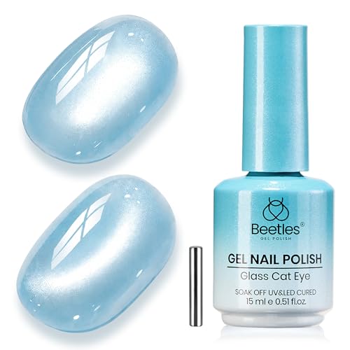 Beetles Crystal Ocean Blue Cat Eye Gel Nail Polish - 15ML Summer Light Blue Gel Polish Cat Eye Glitter Magnetic Translucent Glassy Effect Soak Off UV Nail Art DIY at Home Manicure Gift for Women
