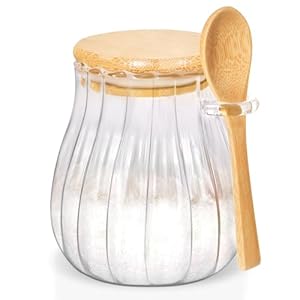 15oz Sugar Container with Bamboo Lid and Spoon,Sugar Bowl Glass Jar for Coffee Bar Accessories Coffee Canister Kitchen Decor (Medium)