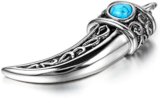 JewelryWe Classic Vintage Style Men's Wolf Tooth Tribal Stainless Steel Pendant Necklace, Silver Blue, 21.3 inch Chain(with Gift Bag)
