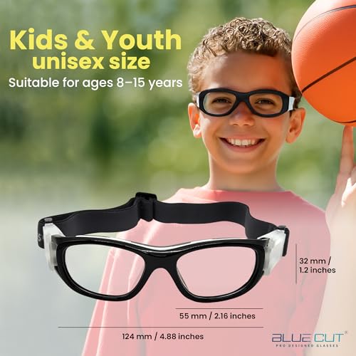 BLUE CUT Safety Basketball Goggles For Kids for Outdoor Sports Activities Soccer Football Anti Fog Replaceable to Prescription Lenses (Black)