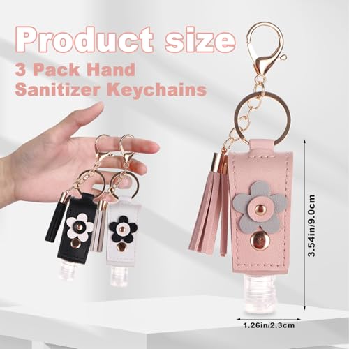 Image of 3 Pieces Small Hand Sanitizer Keychain, 30ml Portable Leather Hand Sanitizer Holder Travel Size for Lotion Liquid Soap Shampoo (Black、White、Pink)