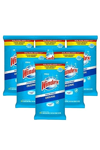 Windex Wipes Glass Cleaning Ammonia Free, Pre-Moistened Glass and Surface Wipes to Clean Home Surfaces, Household Essentials, Original Scent, 38 Count (Pack of 6)