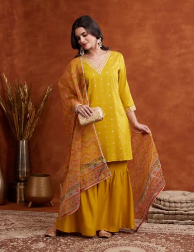 Image of Amazon Brand - Myx Women's Straight Kurta Set with Sharara Pant | Printed Dupatta | Sharara Suit Set with Dupatta (Available in Plus Sizes)