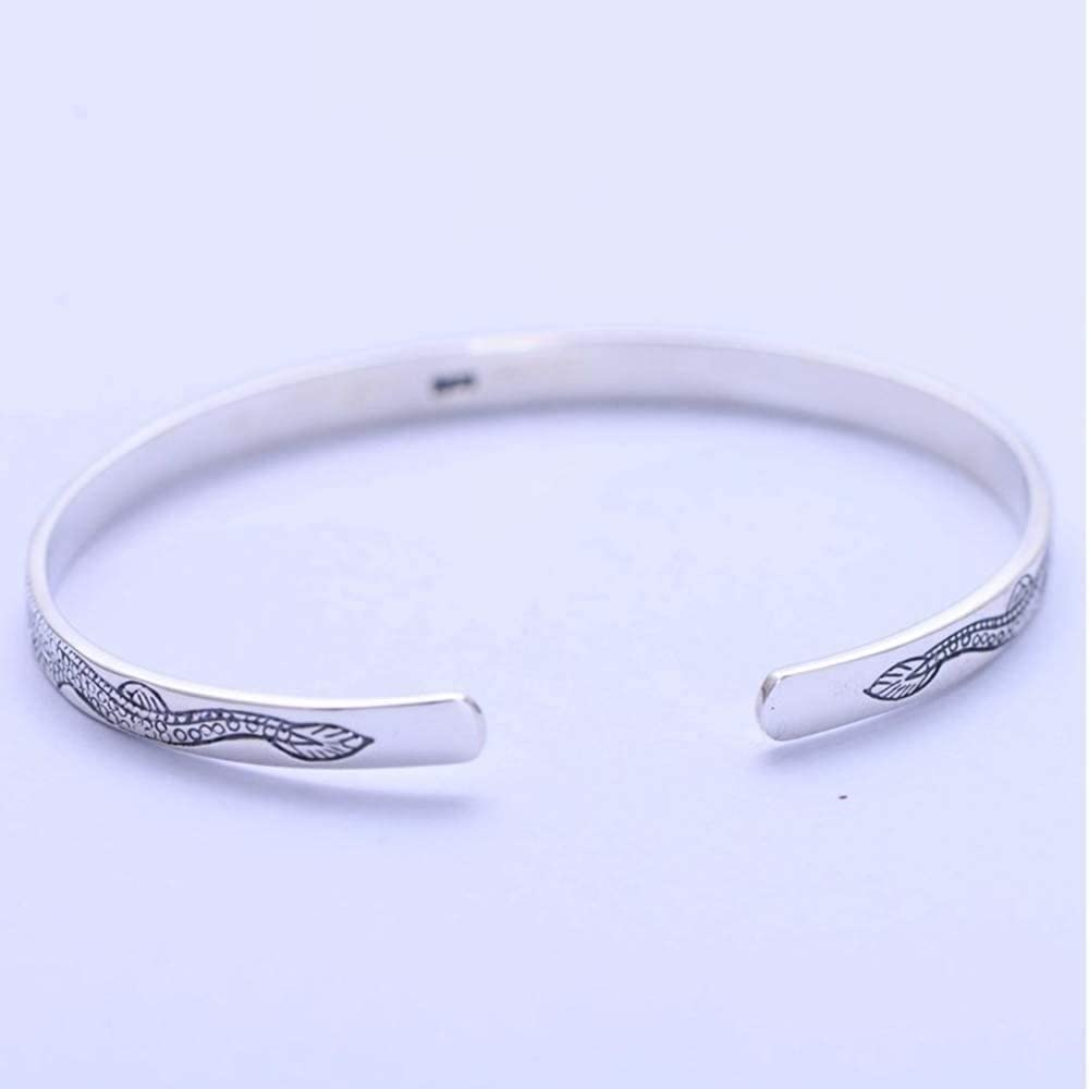 Bracciale Personalizzato, Gioielli da Donna in Stile retrò Cinese in Argento Sterling 925 con Incisione a Fiori Bracciale a Polsino Aperto