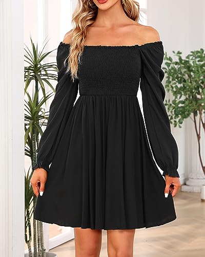 Image of Holipick Women's Casual Square Neck Smocked Dress Shirred Ruffle Puff Sleeve High Waist Cute Flowy A-Line Short Dress