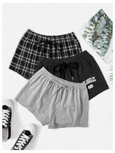 Image of WDIRARA Women's 3 Pack Plaid Letter Graphic Pajama Shorts Elastic Waist Pj Lounge Shorts