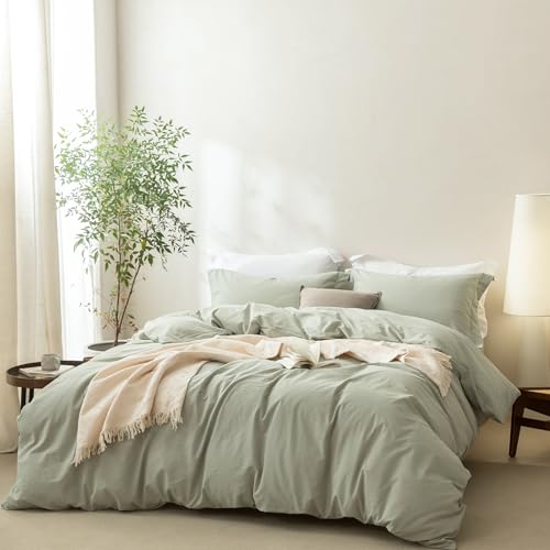 Linen Feel Sage Green Duvet Cover King Size 104'' W x 90'' L, 100% Washed Cotton Duvet Cover with Zipper Closure Plus 2 Pillowcases, Oeko TEX Standard Certificated