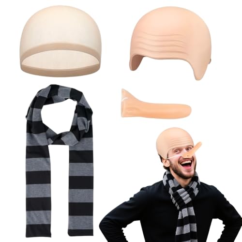 NAVESO Halloween Cosplay Kostüm Zubehör, G Ru Kahl Kostüm mit Glatzenkappe, Langer Nase, Perückenkappe, Schal, GlatzeKostüm, Lustige Herren Outfit FüR Karneval Fasching Halloween Mottoparty