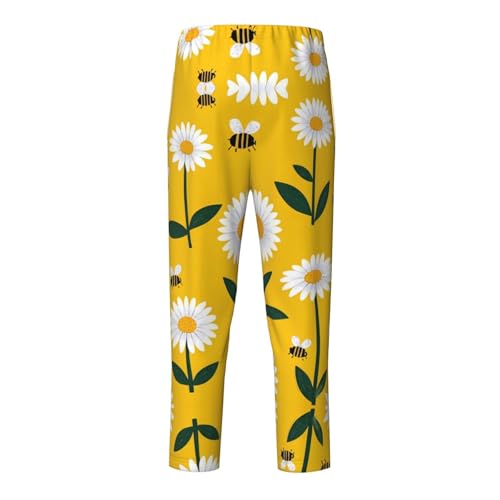 Pajama Pants Pajama Bottoms with Elastic Waistband Sleepwear Lounge PantsBee White Daisy Flowers2