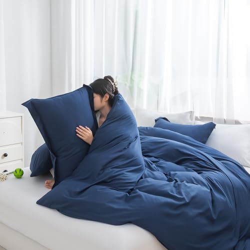 Image of SheRest Navy Duvet Cover Full Size - Soft Brushed Microfiber, 3 Pieces, 1 Duvet Cover 80x90 Inches with Zipper Closure 8 Ties & 2 Pillow Shams, Breathable Bedding Set for All Season (No Comforter)