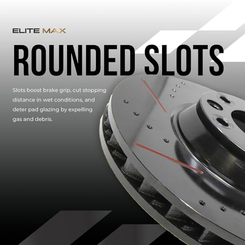 Image of Max Advanced Brakes Rear Brake Kit Compatible With 2021 Chevy Express 3500 Single Rear Wheel w /4.84 inch Center Hole Replacement Drilled Slotted Black Coated Disc Brake Rotors and Ceramic Brake Pads