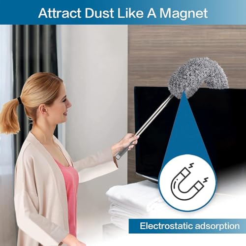 Image of Long Handle Microfiber Feather Ceiling Duster for Home Dust Cleaning 1pcs 100 Inch Extendable Pole & 2pcs Replaceable Bendable Brush for Cleaning High Cobweb Stick high Ceiling Fan Cleaner