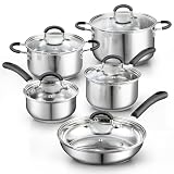 Stainless Steel Cookware Set: 10 piece includes 1 qt and 2 quart saucepans with lids, 3 quart casserole pan with lid, 5 quart stockpot with lid, and a 10 inch frying pan with lid Sturdy Construction: Pots and pans set made of mirror polished 18/10 st...