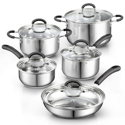 Cook N Home 12-Piece Basics Stainless Steel Cookware Set, Tri-ply Pots and Pans Set with Lids - Non-Toxic, Induction Ready, Oven & Dishwasher Safe