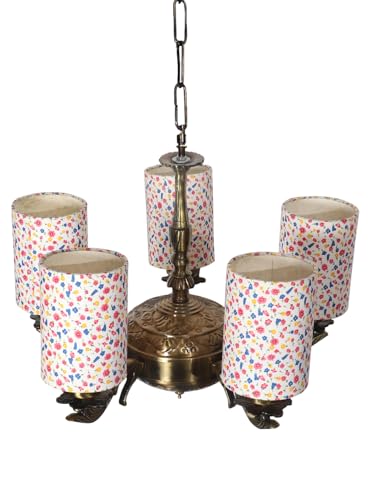 Image of Devansh 05 Lights Printed Round Cotton Shade with Antique Golden Chandelier -F
