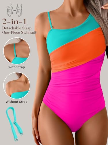 Image of Aidonger One Shoulder One Piece Swimsuit for Women Tummy Control Bathing Suits Color Block Ruched Swim Suit Slimming Swimwear
