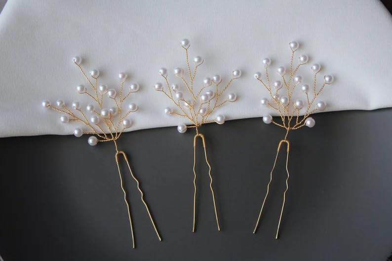 Pearl Bridal Hair Pins, Set of Gold Hair Pins, Pearl Hair Clips, Gold Wedding Hair Clips, Bridesmaids Hair Piece, Wedding Hair Accessory | Bun Pin | Hair Comb Pins | 3 Pcs White + Gold.