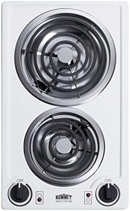 Summit Appliance CCE211WH 12" Wide 115V 2-Burner Coil Cooktop in White Porcelain Surface, Push-to-turn Controls, Chrome Drip Bowls, Recessed Top, Coil Elements, 6" Front Element, Made in the USA