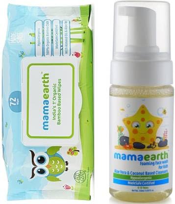 Mamaearth Organic Bamboo Based Baby Wipes 72 pcs nd Foaming Baby Face Wash for Kids with Aloe Vera and Coconut Based Cleansers, 120 ml (Multicolor)-image-9