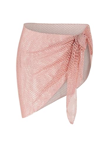 Image of ZAFUL Sarong Coverups for Women Beach Vacation Fishnet See Thru Tie Side Bathing Suit Cover Up Mini Skirt (1-Light Red, One Size)