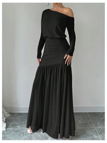 Floerns Women's Mesh Off The Shoulder Dress Ruched Ruffle Long Sleeve Maxi Dresses2