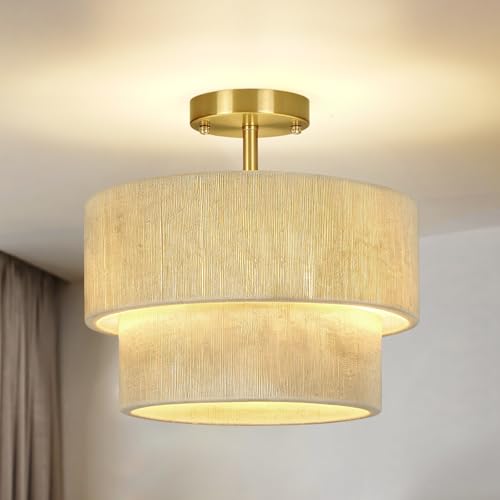 ZORYATA 12.6” Modern Boho Rattan Style Drum Ceiling Light Fixture, White Woven Semi Flush Mount Chandelier Light for Bedroom Living Room Kitchen Dining Hallway Entryway, Coastal Ceiling Light Fixture