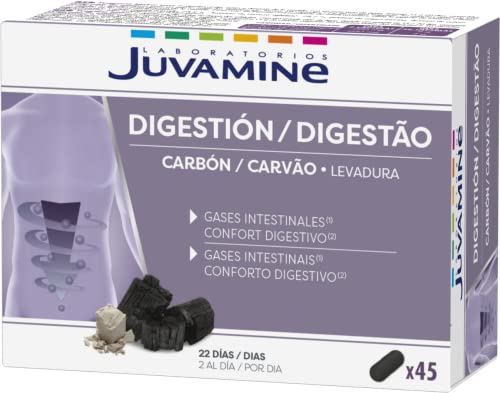 JUVAMINE - Digestión Carbón - Confort Digestivo - Programa de 22 Días - Aliviar la Digestión y Combatir los Gases Intestinales - Carbón Vegetal - Levadura de Cerveza - 45 Cápsulas