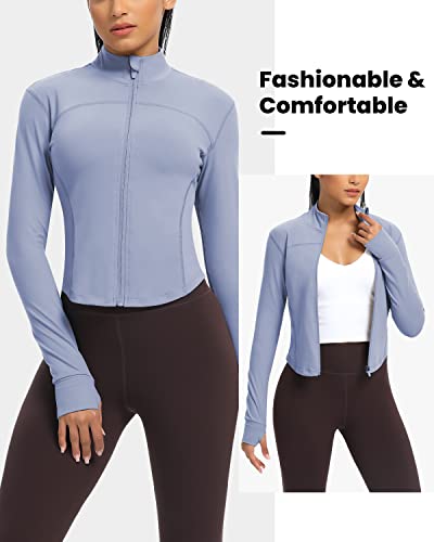 QUEENIEKE Workout Running Jackets for Women Zip Up Athletic Yoga Cropped Tops with Thumb Holes - Image 3