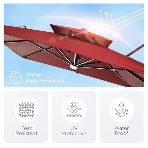 Image of 9' X 12' Patio Umbrella with Weighted Base and LED Lights Outdoor Cantilever Large Rectangle Offset Umbrellas Heavy Duty Aluminum Double Top with 360-degree Rotation for Pool Garden Deck, Red