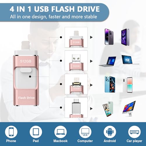 Image of 512GB Flash Drive[No App Required] Intended for Phone Tablet Androidphone and Computers, 4 in 1 Photo Stick for Phone Memory Storage Easily Backup Photos Videos（Pink）