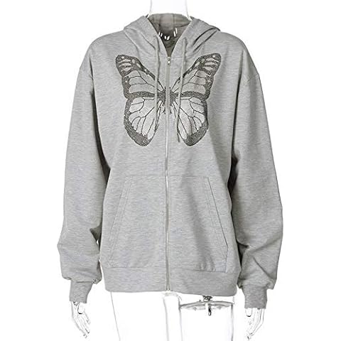 Women Oversized Butterfly Graphic Hoodie Autumn Y2K Fashion Rhinestone Zip Up Hoodies E-Girl 90s Streetwear Diamond Grey Long Jacket (M) Cover