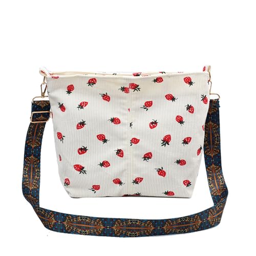 Corduroy Tote Bag Cute Boho Lightweight Crossbody Shoulder Purse with Wide Boho Strap Alt Trendy Strawberry Corduroy Tote Bag