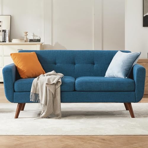 Tbfit 65' W Loveseat Sofa, Mid Century Modern Decor Love Seat Sofas and Couches for Living Room, Button Tufted Upholstered Small Couch for Bedroom, Solid and Easy to Install Love Seats Furniture, Blue