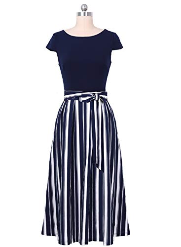 VFSHOW Womens Elegant Patchwork Pockets Belted Pleated Work Office Business Casual Party A-Line Midi Dress - Image 5