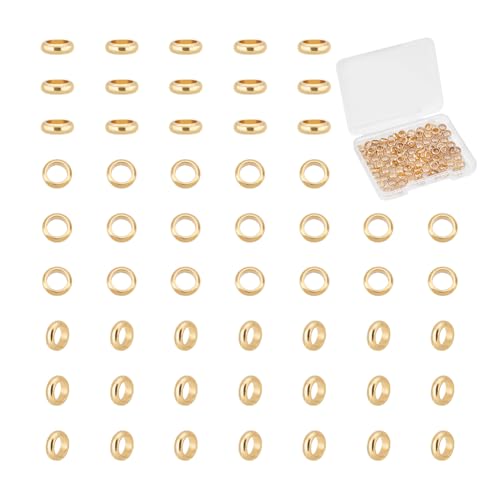 UNICRAFTALE 100 cuentas espaciadoras de metal chapadas en oro de 18 quilates, cuentas europeas de acero inoxidable, cuentas espaciadoras redondas planas y redondas, cuentas sueltas de 4 mm para hacer