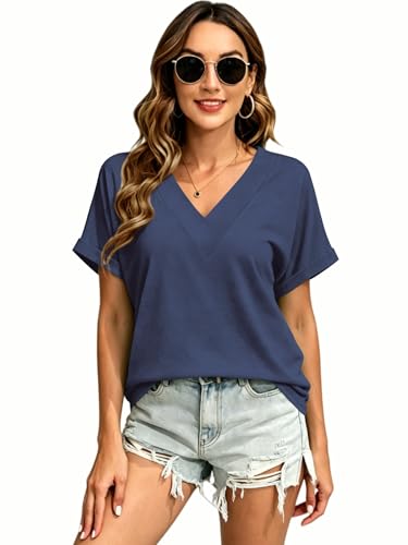 Image of T Shirts Short Sleeve V Neck Tees Womens Tops Beach Vacation Fashion Clothes 2026 Casual Summer Spring Fall Outfits