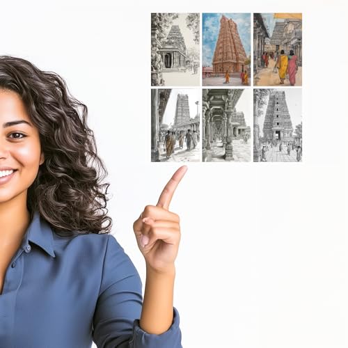 Image of SiddArtify South Indian Temple Architecture Black - Sepia Art Print Set - Set of 2-4x6 Inch - Board (Pack of 6) - Sticker (Pack of 6) Wall Room Decoration art Poster Prints