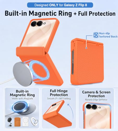 Image of STORMTAL Magnetic for Samsung Galaxy Z Flip 8 case, Hinge Protection, Built-in Screen Protector, Shockproof, Compatible with Magsafe, Rugged Phone Case for Z Flip 8 Orange