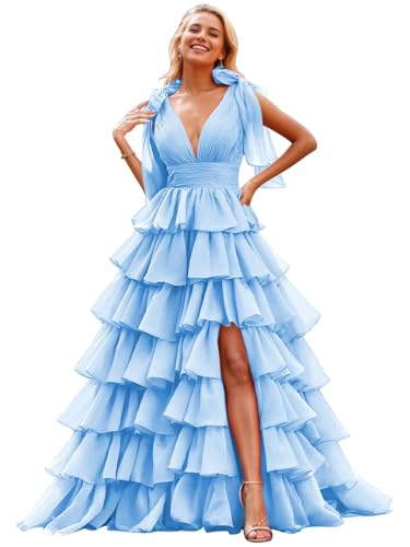 Image of TORYEMY Tiered Tulle Prom Dress Long Ball Gown Deep V Neck Formal Evening Dresses with Slit Ruched for Women