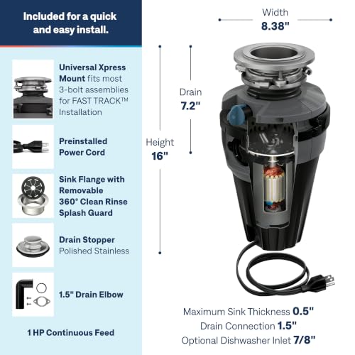 Image of Moen Chef Series 1 HP Continuous Feed Lighted Garbage Disposal with Sound Reduction for Under Sink, Power Cord Included, EXL100C