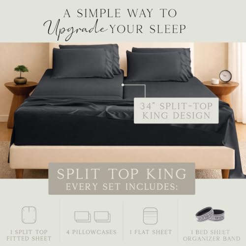 Image of KARISSA MAE 6 Piece Luxury Bamboo Viscose 34 inch Split Top King Size Sheet Set | Single 34 inch Split Fitted Sheet | Sleep Number & Adjustable Bed | Cooling | 18 inch Deep Pocket | 4 Pillowcases [Black]