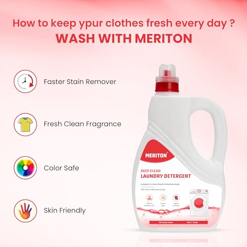 Image of Meriton Deep Clean Laundry Detergent-3 Liter Bottle (Pack of 2)| For Hand & Machine Wash | 100% Dye-Free |Safe for Colored Fabrics & Sensitive Skin|Fights 15 Tough Stains with 10X Power Clean