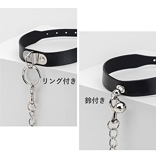 Emoi 首輪 人間 sm リード付き チョーカー 地雷系 コスプレ アクセサリー おしゃれ 可愛い鈴チェーン付き 吊り輪 レディース PU choker 調節可能 初心者向け smグッズ smプレイ コスチューム コスプレ小物・小道具 円環 - 画像4