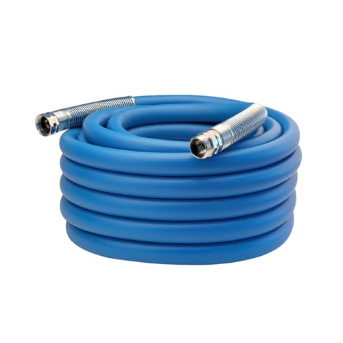 Image of Guitrees 2026 Upgraded Garden Hose 50FT x 3 /4 inch, Heavy Duty Rubber Water Hose with Five Layered Braiding, Swivel male and female Nickel-plated Brass Fittings, 1200PSI Burst, 300PSI Working (Blue)